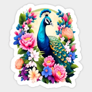 A Cute Peacock Surrounded by Bold Vibrant Spring Flowers Sticker